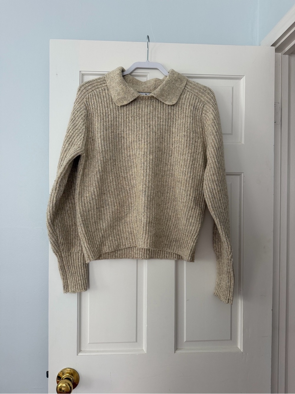 Magaschoni Ribbed Polo Collar Sweater in Beige